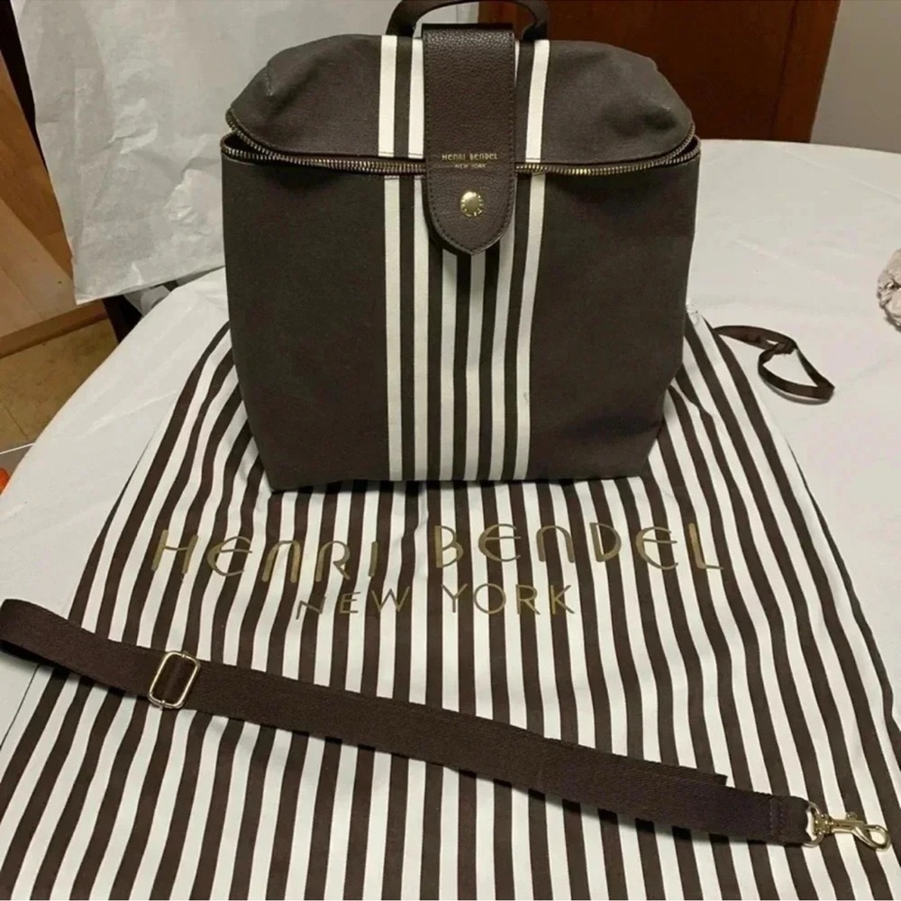 HENRI BENDEL SIGNATURE Canvas Backpack-Muted Brown/Grey /Cream Stripes